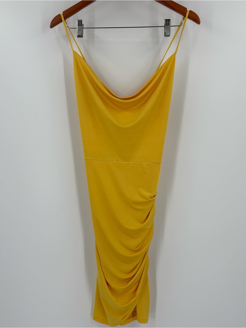 Y2K Yellow Cowl Neck Slip Dress Spaghetti Strap Sexy Ruched Large